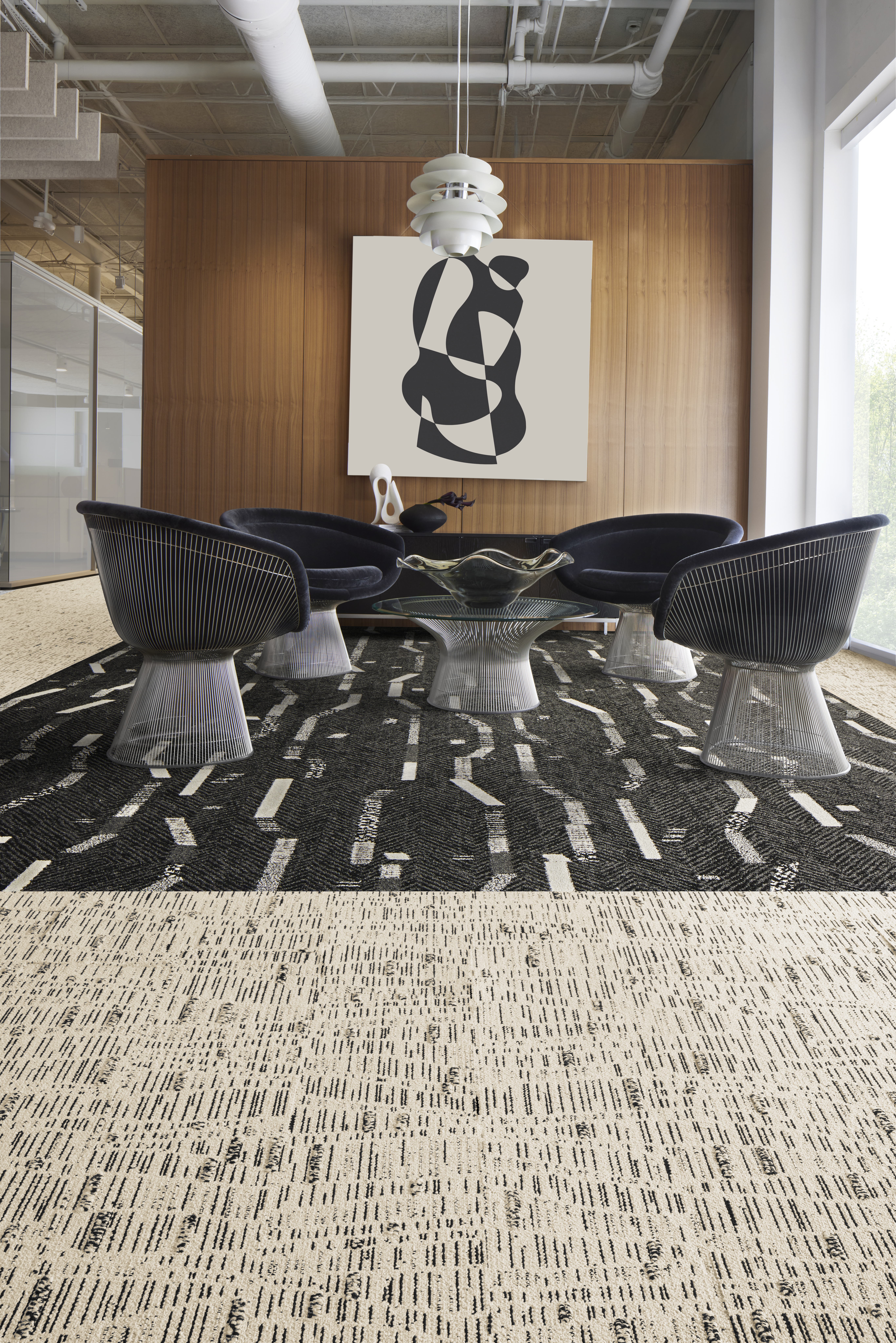 Interface Thread Counts I and Comes Around plank carpet tile in meeting room